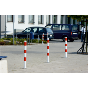 Barrier posts | Steel tube  76 x 2,6 mm | foldable, with triangular locking mechanism | for casting in concretewith ground socket part-no. 470.60approx. 400 mm below ground | hot-dip galvanized and white coatedwith three red reflecting stripes | with 1 eyelet